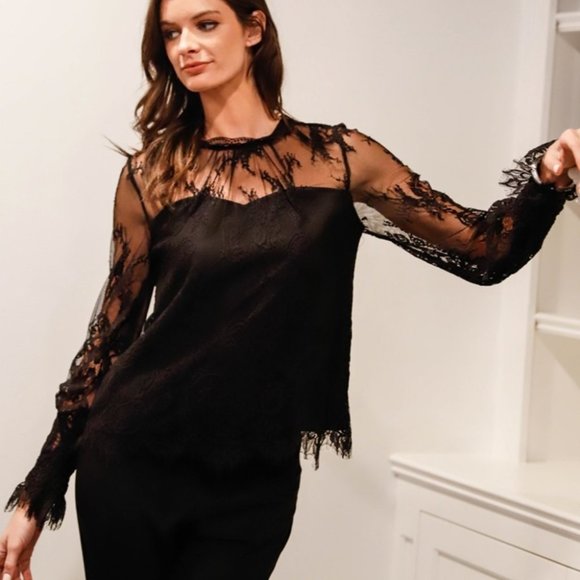 MODA ME COUTURE Tops - Floral Lace Mock Neck Lined Long Sleeve